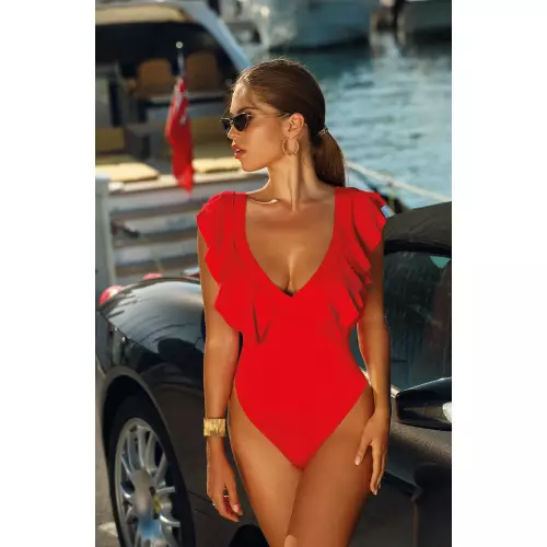 Jednoczęściowy kostium kąpielowy z falbaną na dekolcie Self Canoy 25 czerwony